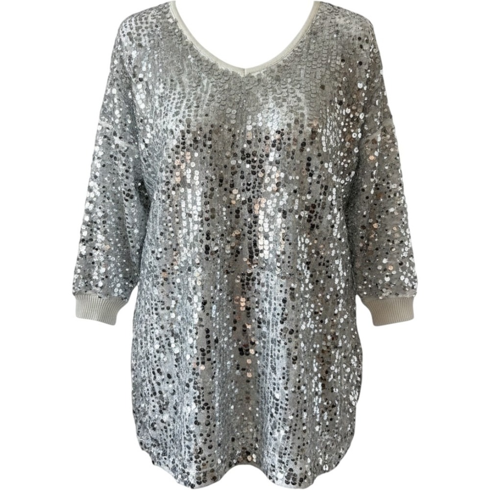 NWT Joan Boyce HSN Silver Sequin Knit Tunic Sweater Top Scoop Neck Medium